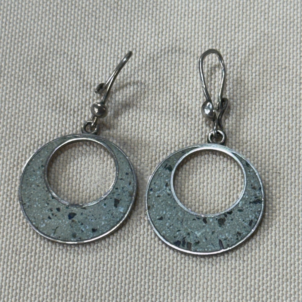 Vintage Mexico Sterling Silver 925 Speckled‎ Stone Inlay Circular Drop Earrings